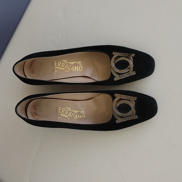 FERRAGAMO black suede slip on kitten heels logo 7 AA - Picture 2 of 15